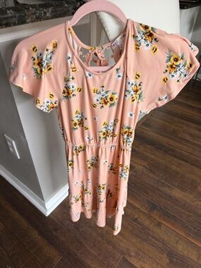 Girls' Peach Floral Casual Dress with Lace Back